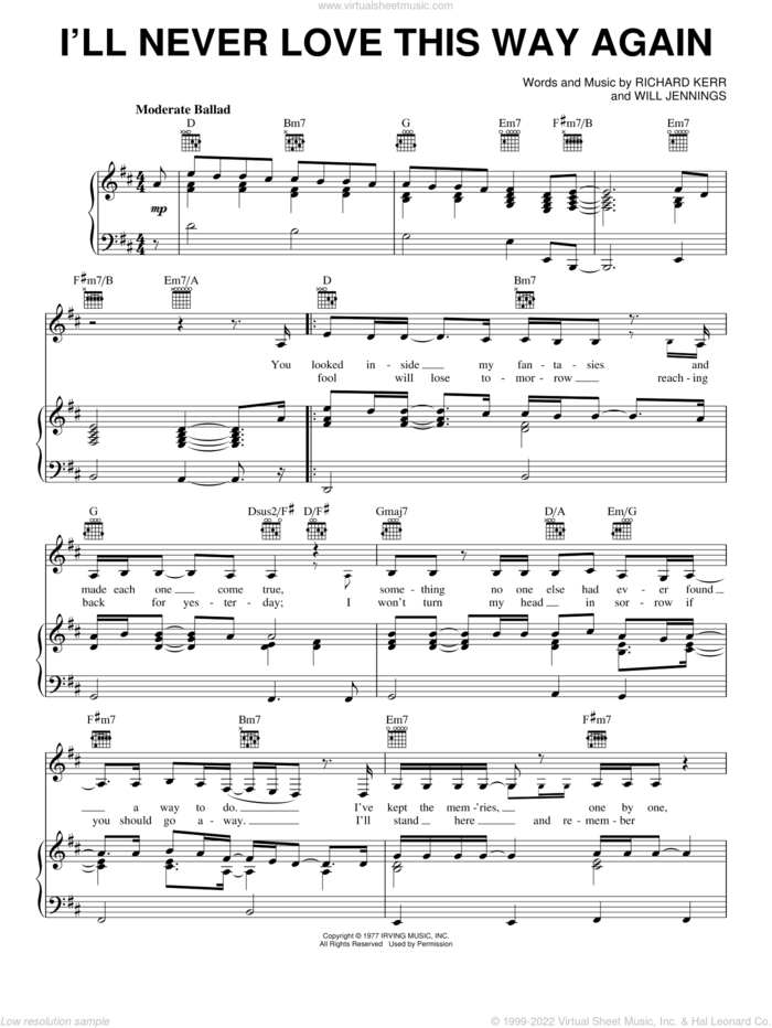 I'll Never Love This Way Again sheet music for voice, piano or guitar by Dionne Warwick, Richard Kerr and Will Jennings, intermediate skill level