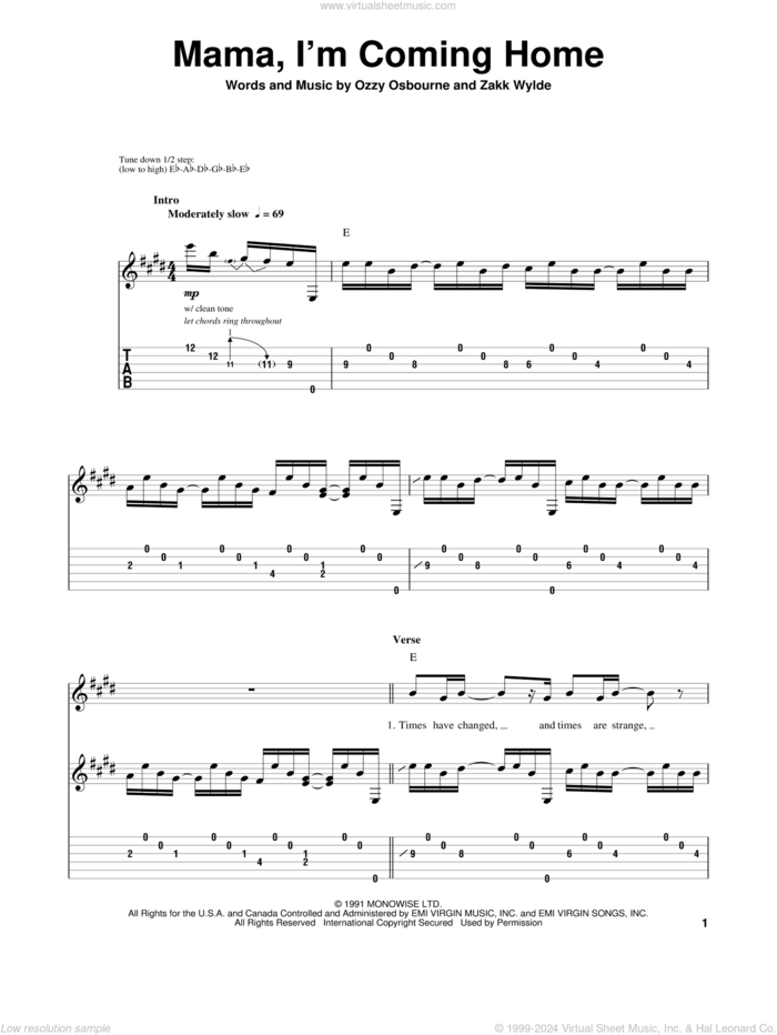 Mama, I'm Coming Home sheet music for guitar (tablature, play-along) by Ozzy Osbourne and Zakk Wylde, intermediate skill level