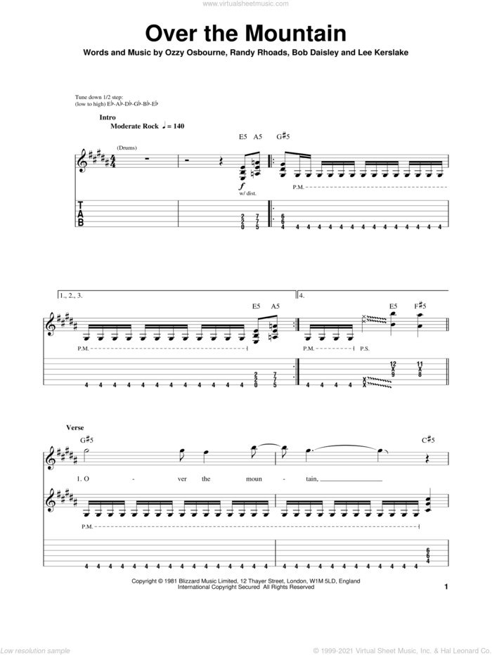 Over The Mountain sheet music for guitar (tablature, play-along) by Ozzy Osbourne, Bob Daisley, Lee Kerslake and Randy Rhoads, intermediate skill level