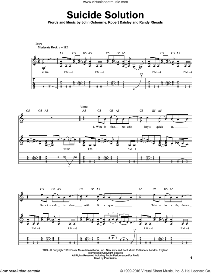 Suicide Solution sheet music for guitar (tablature, play-along) by Ozzy Osbourne, Bob Daisley, John Osbourne and Randy Rhoads, intermediate skill level