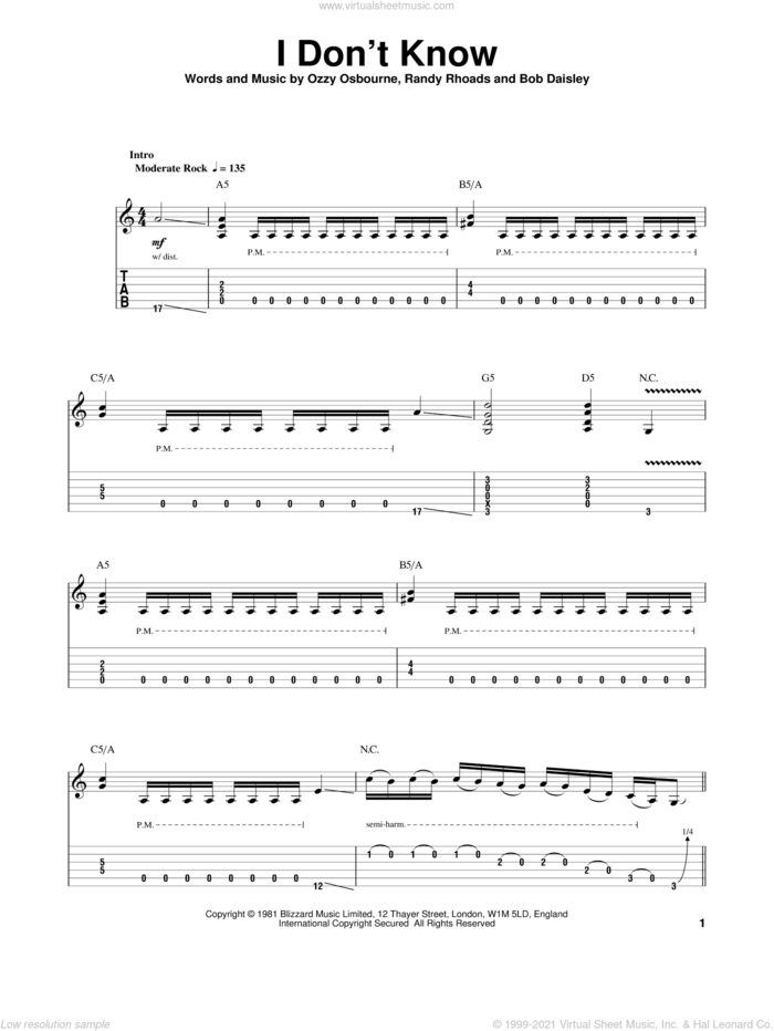 I Don't Know sheet music for guitar (tablature, play-along) by Ozzy Osbourne, Bob Daisley and Randy Rhoads, intermediate skill level