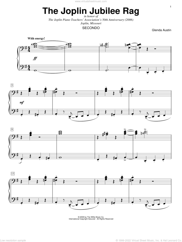 The Joplin Jubilee Rag sheet music for piano four hands by Glenda Austin, intermediate skill level