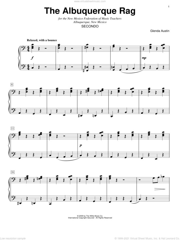 The Albuquerque Rag sheet music for piano four hands by Glenda Austin, intermediate skill level