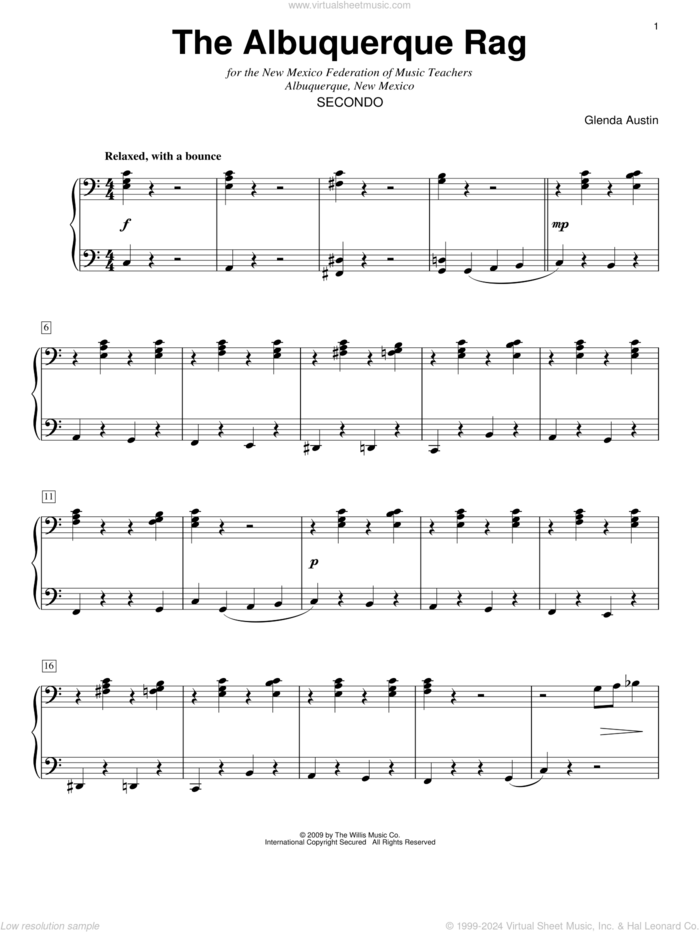 The Albuquerque Rag sheet music for piano four hands by Glenda Austin, intermediate skill level