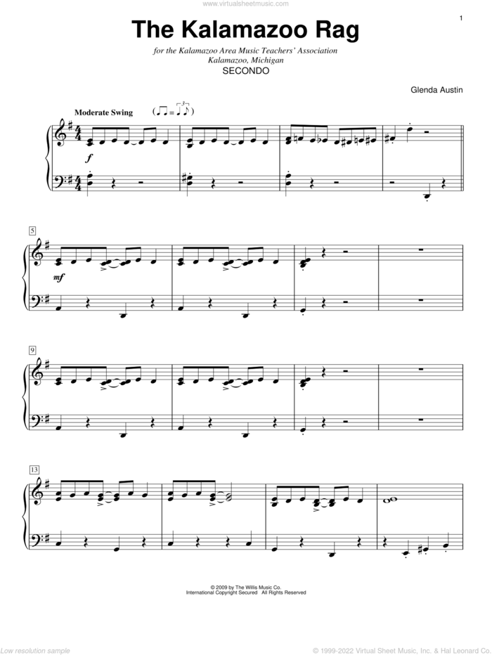 The Kalamazoo Rag sheet music for piano four hands by Glenda Austin, intermediate skill level