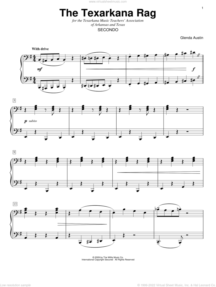 The Texarkana Rag sheet music for piano four hands by Glenda Austin, intermediate skill level