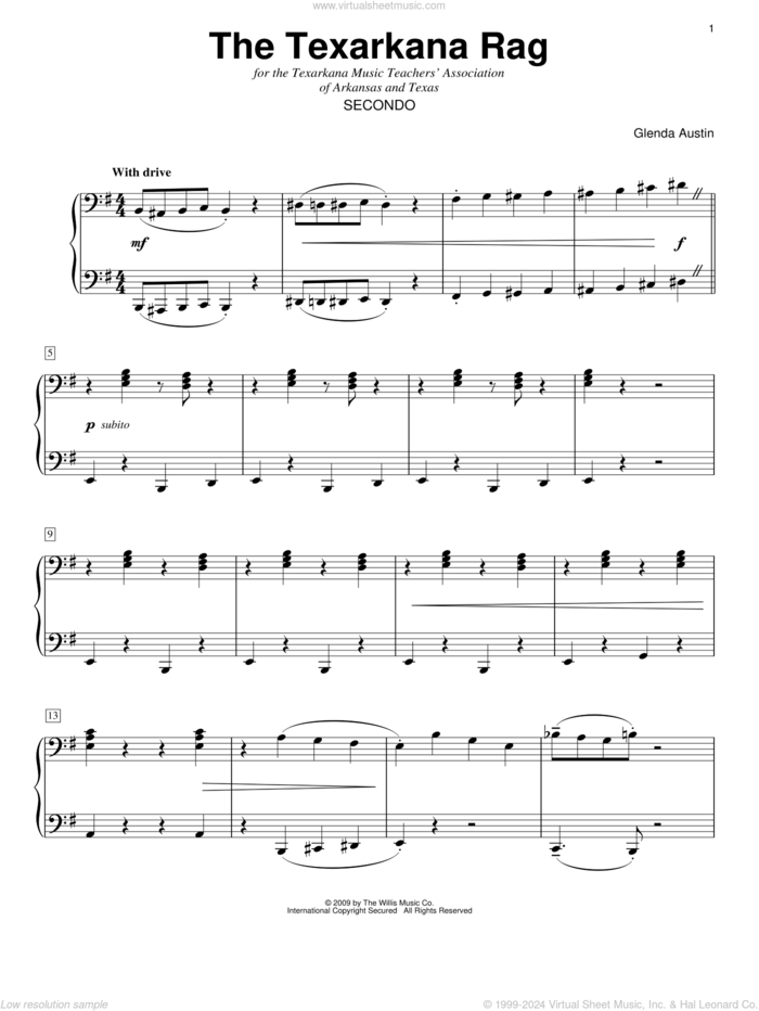 The Texarkana Rag sheet music for piano four hands by Glenda Austin, intermediate skill level