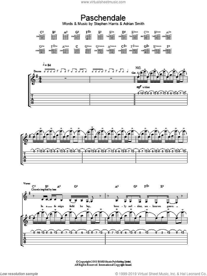Paschendale sheet music for guitar (tablature) by Iron Maiden, intermediate skill level