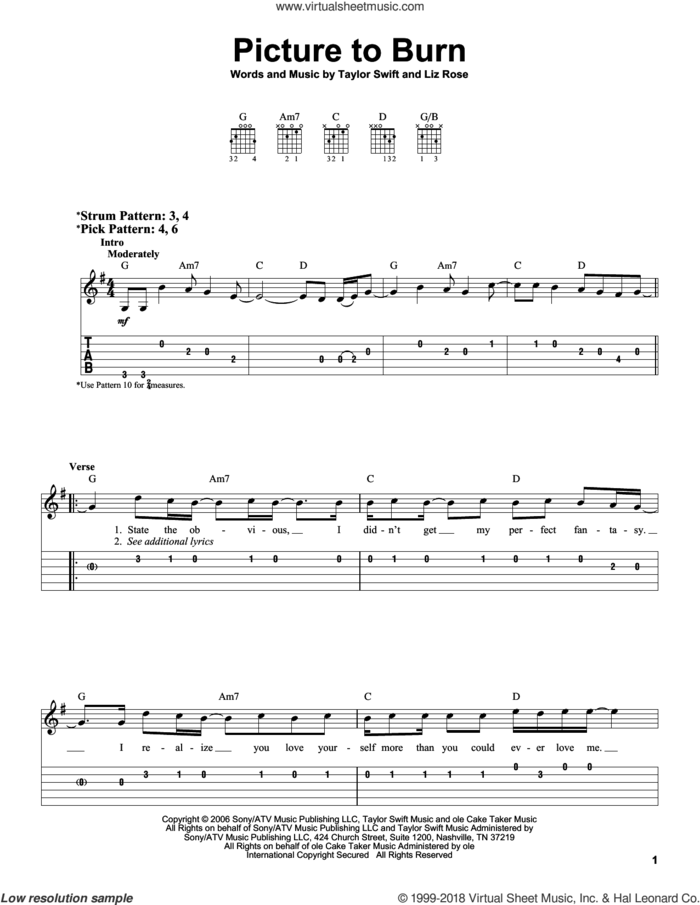 Picture To Burn sheet music for guitar solo (easy tablature) by Taylor Swift and Liz Rose, easy guitar (easy tablature)