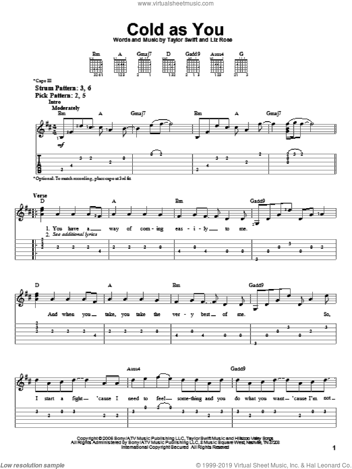 Cold As You sheet music for guitar solo (easy tablature) by Taylor Swift and Liz Rose, easy guitar (easy tablature)