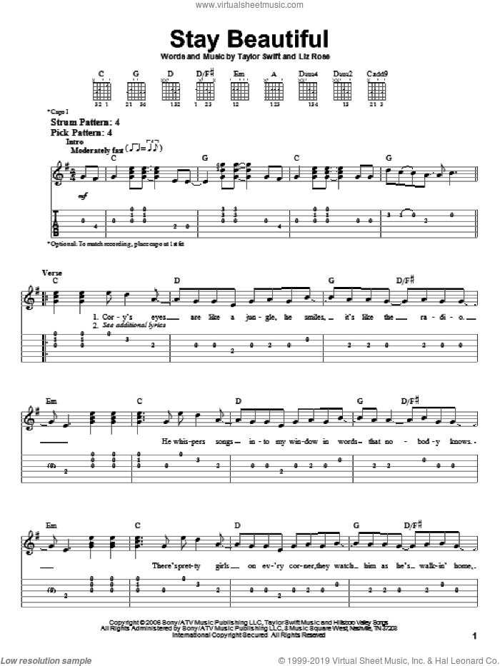 Stay Beautiful sheet music for guitar solo (easy tablature) by Taylor Swift and Liz Rose, easy guitar (easy tablature)