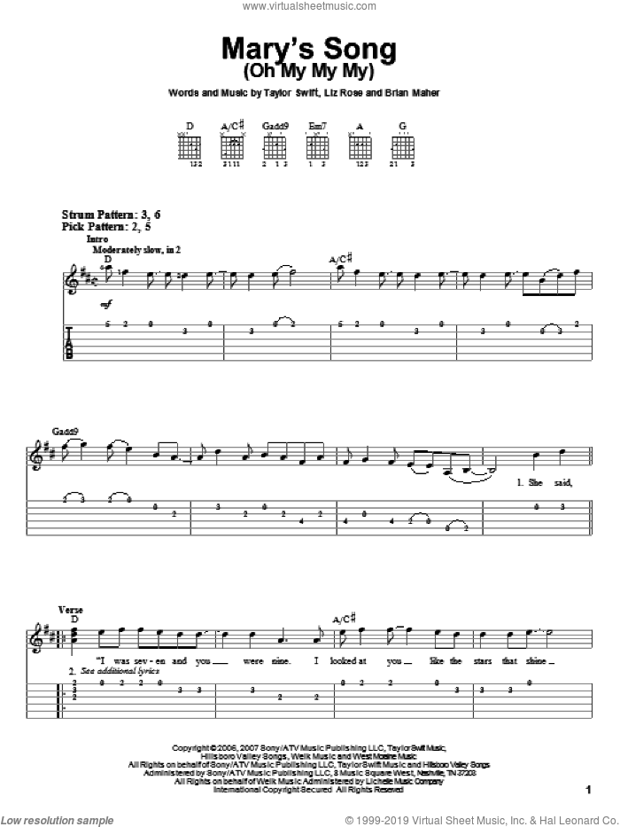 Mary's Song (Oh My My My) sheet music for guitar solo (easy tablature) by Taylor Swift, Brian Maher and Liz Rose, easy guitar (easy tablature)