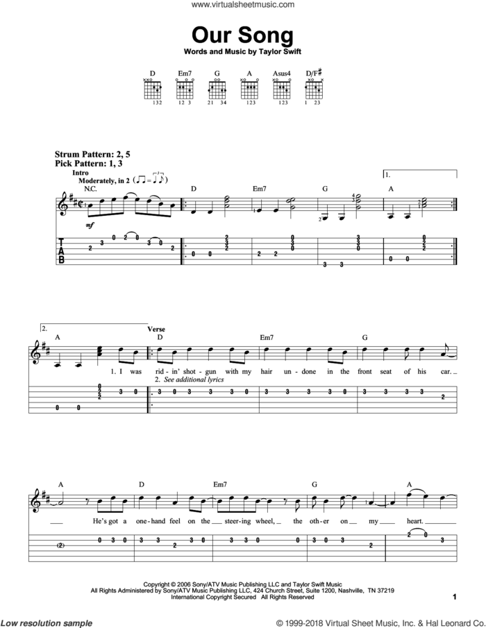 Our Song sheet music for guitar solo (easy tablature) by Taylor Swift, easy guitar (easy tablature)