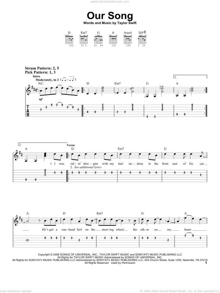 Our Song sheet music for guitar solo (easy tablature) by Taylor Swift, easy guitar (easy tablature)