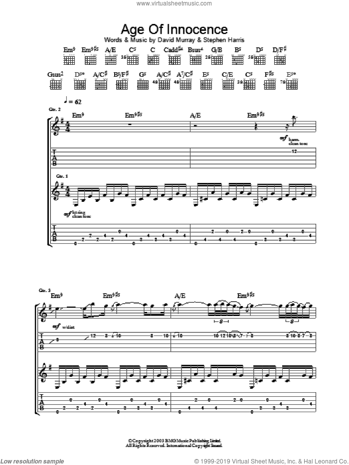 Age Of Innocence sheet music for guitar (tablature) by Iron Maiden, intermediate skill level