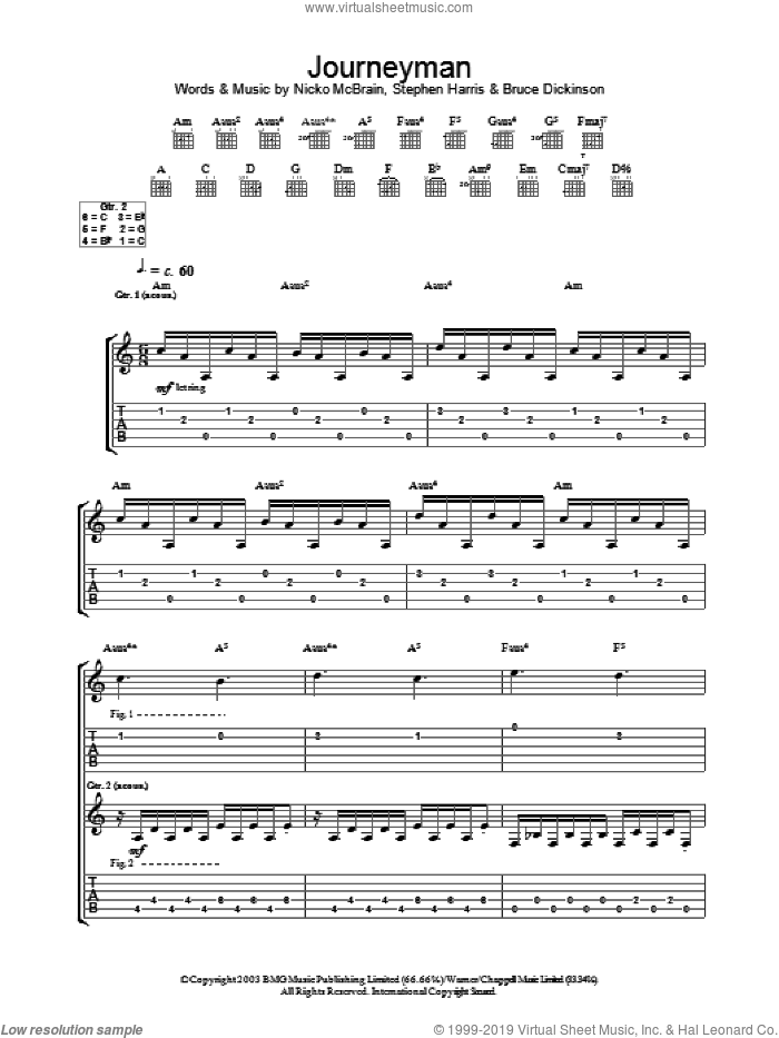 Journeyman sheet music for guitar (tablature) by Iron Maiden, intermediate skill level