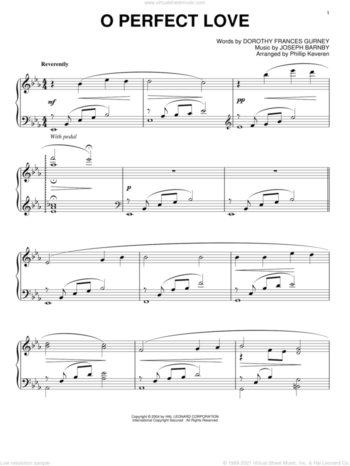 O Perfect Love (arr. Phillip Keveren) sheet music for piano solo by Joseph Barnby, Phillip Keveren and Dorothy Frances Gurney, classical wedding score, intermediate skill level