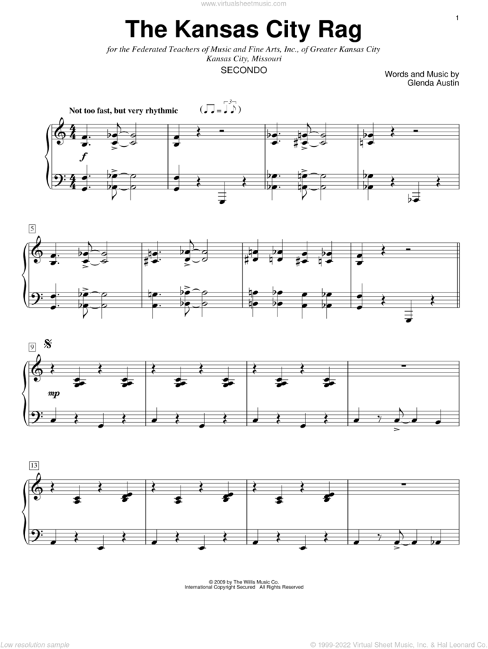 The Kansas City Rag sheet music for piano four hands by Glenda Austin, intermediate skill level