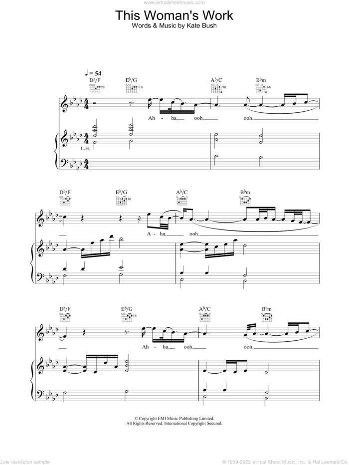 This Woman's Work sheet music for voice, piano or guitar by Kate Bush, intermediate skill level
