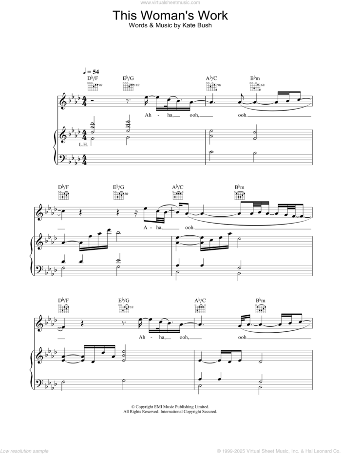 This Woman's Work sheet music for voice, piano or guitar by Kate Bush, intermediate skill level