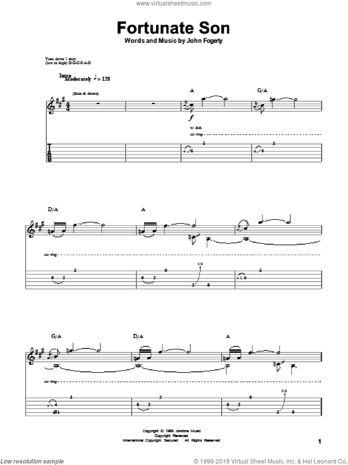 Fortunate Son sheet music for guitar (tablature, play-along) by Creedence Clearwater Revival, Andrew DuBrock and John Fogerty, intermediate skill level