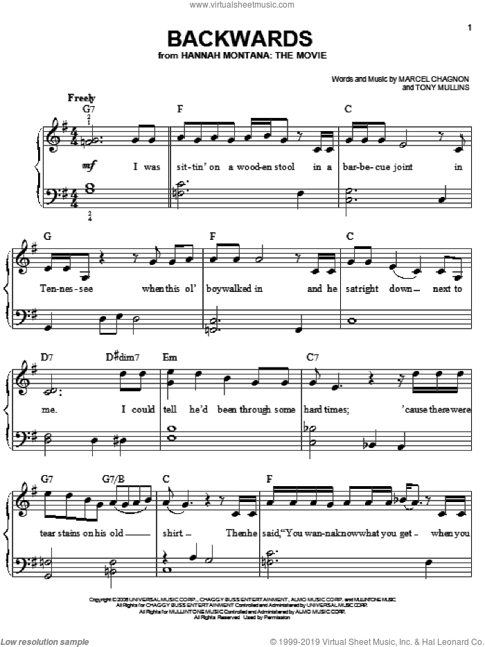 Backwards sheet music for piano solo by Miley Cyrus, Hannah Montana, Hannah Montana (Movie), Rascal Flatts, Marcel Chagnon and Tony Mullins, easy skill level