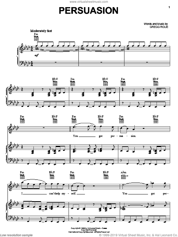 Persuasion sheet music for voice, piano or guitar by Carlos Santana and Gregg Rolie, intermediate skill level