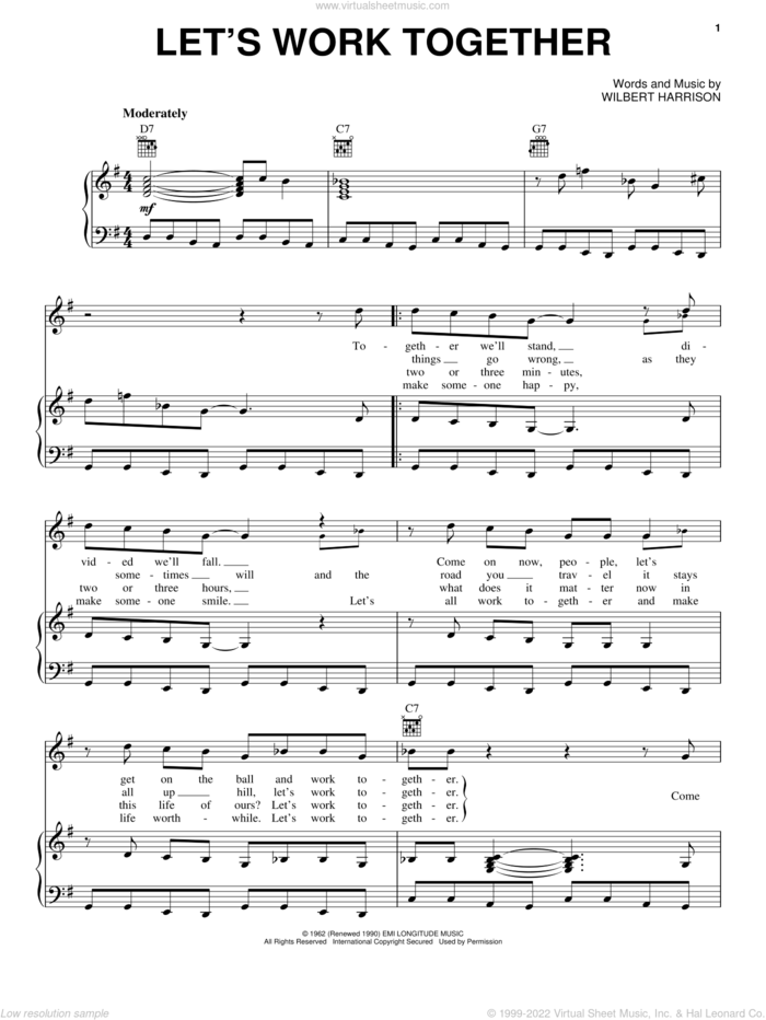 Let's Work Together sheet music for voice, piano or guitar by Canned Heat and Wilbert Harrison, intermediate skill level