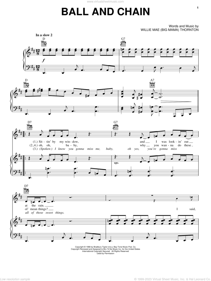 Ball And Chain (from the musical A Night With Janis Joplin) sheet music for voice, piano or guitar by Janis Joplin, Mary Bridget Davies and Willie Mae 'Big Mama' Thornton, intermediate skill level