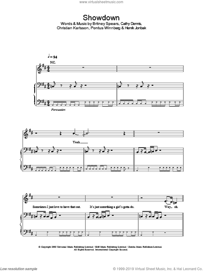 Showdown sheet music for voice, piano or guitar by Britney Spears, intermediate skill level