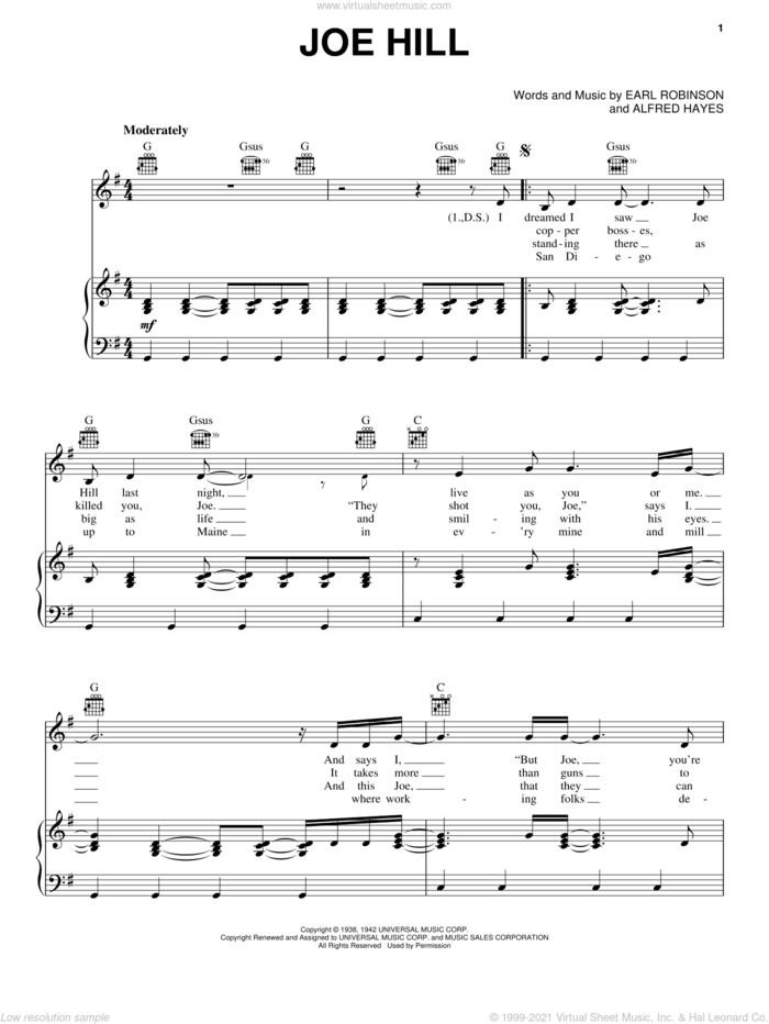 Joe Hill sheet music for voice, piano or guitar by Joan Baez, Alfred Hayes and Earl Robinson, intermediate skill level