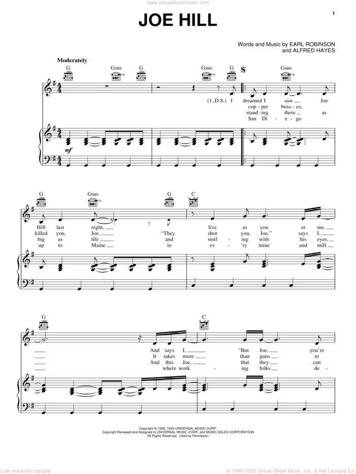 Joe Hill sheet music for voice, piano or guitar by Joan Baez, Alfred Hayes and Earl Robinson, intermediate skill level