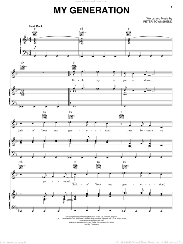 My Generation sheet music for voice, piano or guitar by The Who and Pete Townshend, intermediate skill level