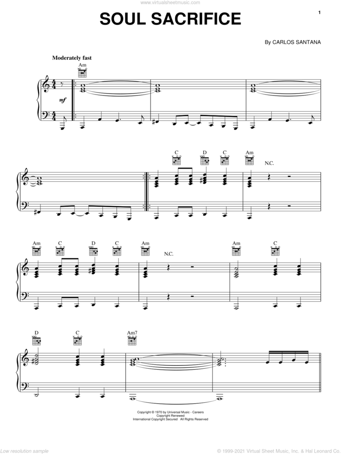 Soul Sacrifice sheet music for voice, piano or guitar by Carlos Santana, intermediate skill level