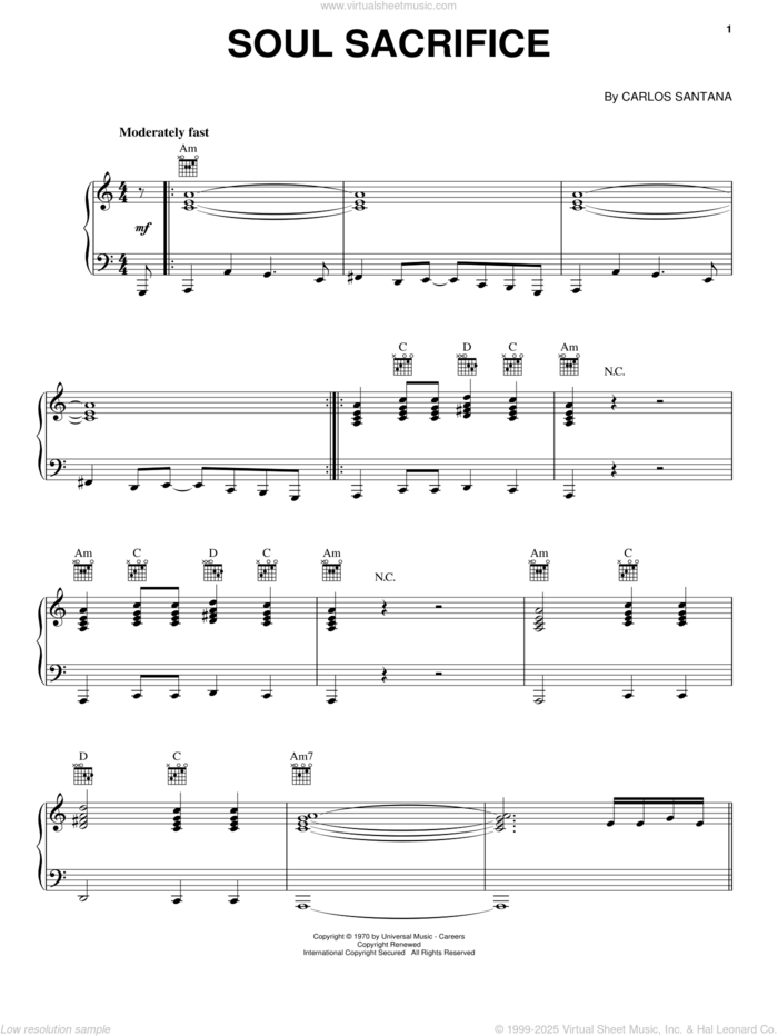 Soul Sacrifice sheet music for voice, piano or guitar by Carlos Santana, intermediate skill level