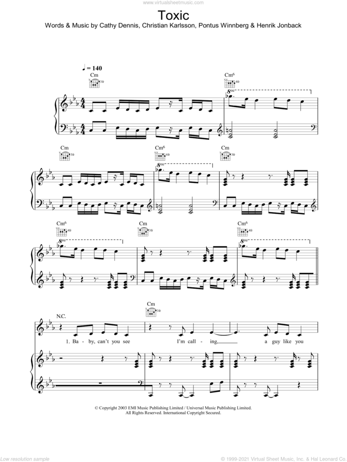 Toxic sheet music for voice, piano or guitar by Britney Spears, intermediate skill level