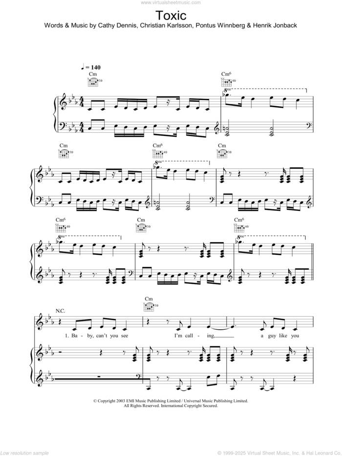 Toxic sheet music for voice, piano or guitar by Britney Spears, intermediate skill level