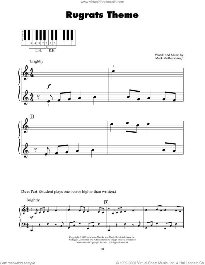 Rugrats Theme sheet music for piano solo (5-fingers) by Mark Mothersbaugh, beginner piano (5-fingers)