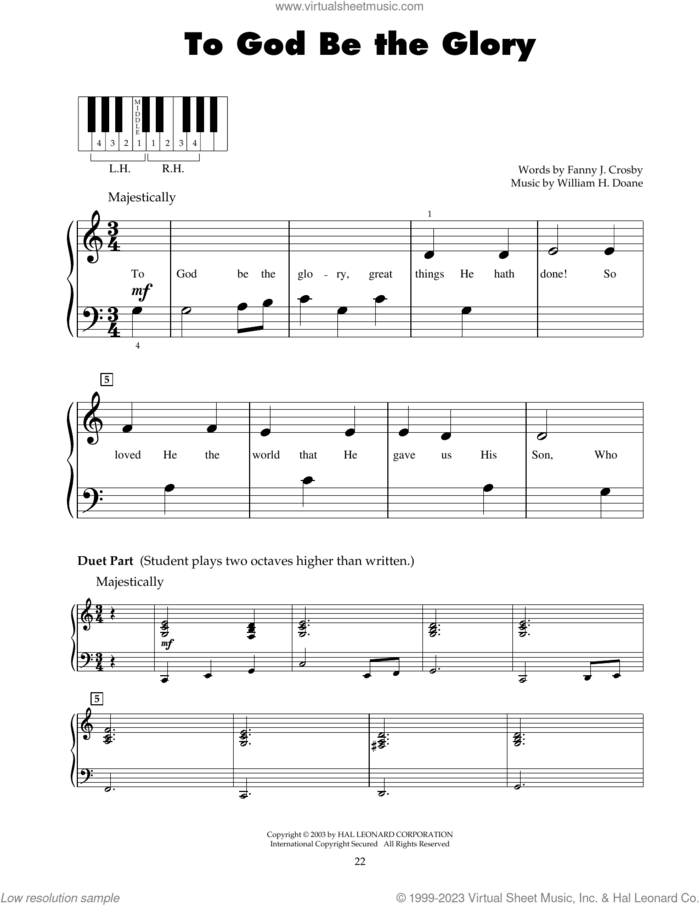 To God Be The Glory sheet music for piano solo (5-fingers) by Fanny J. Crosby and William H. Doane, beginner piano (5-fingers)