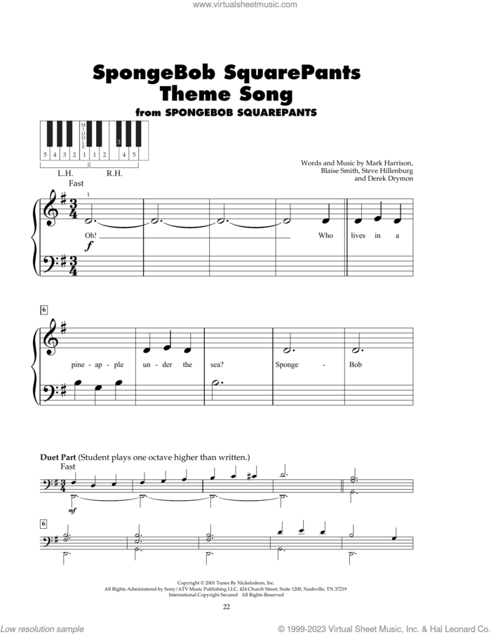 SpongeBob SquarePants Theme Song sheet music for piano solo (5-fingers) by Blaise Smith, Derek Drym, Mark Harrison and Steve Hillenburg, beginner piano (5-fingers)