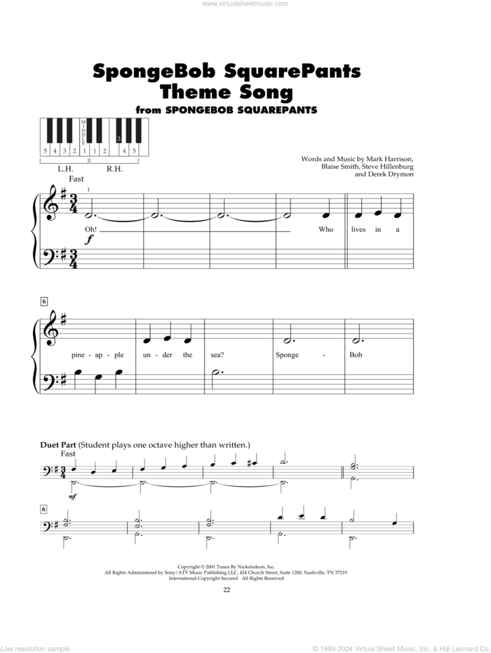 SpongeBob SquarePants Theme Song sheet music for piano solo (5-fingers) by Blaise Smith, Derek Drym, Mark Harrison and Steve Hillenburg, beginner piano (5-fingers)