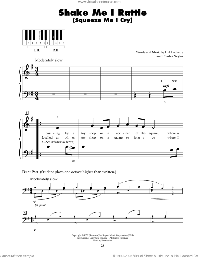 Shake Me I Rattle (Squeeze Me I Cry) sheet music for piano solo (5-fingers) by Hal Clayton Hackady and Charles Naylor, beginner piano (5-fingers)
