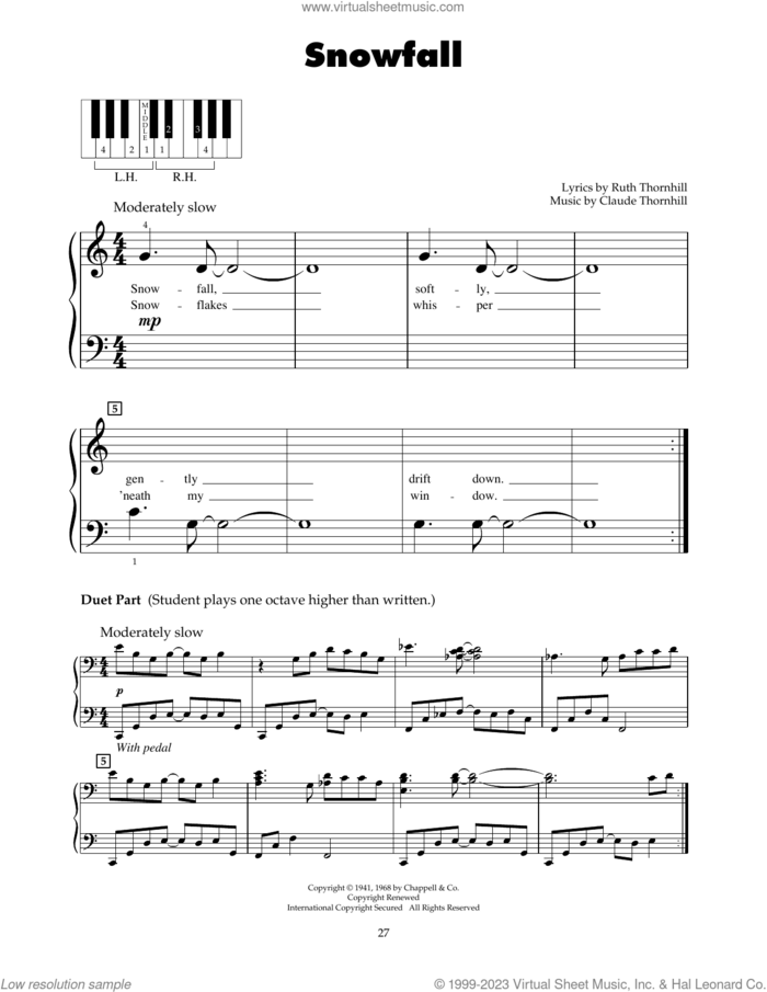 Snowfall sheet music for piano solo (5-fingers) by Tony Bennett, Claude Thornhill and Ruth Thornhill, beginner piano (5-fingers)