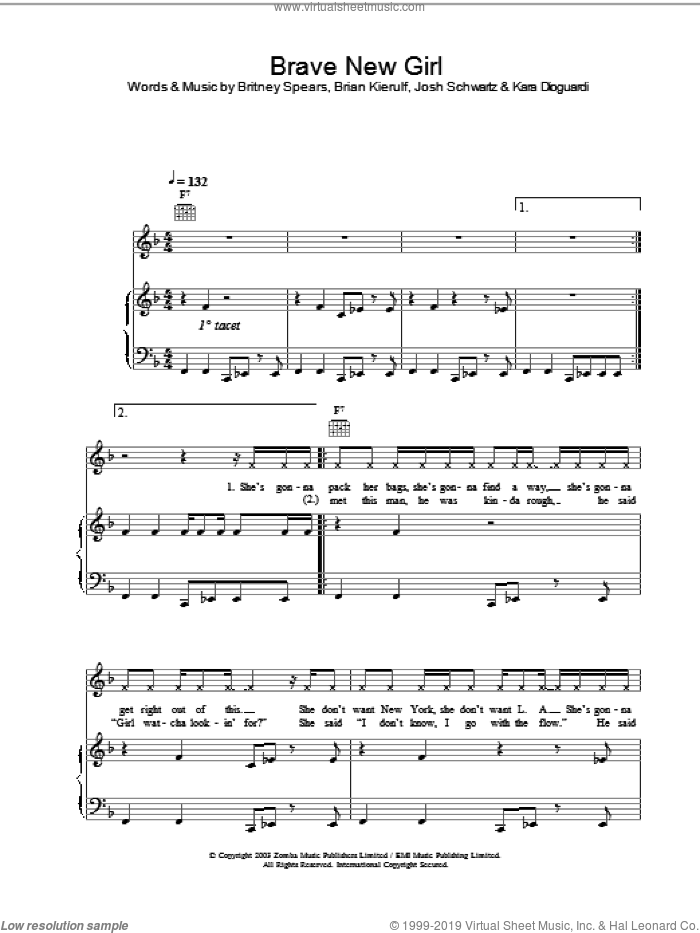Brave New Girl sheet music for voice, piano or guitar by Britney Spears, intermediate skill level