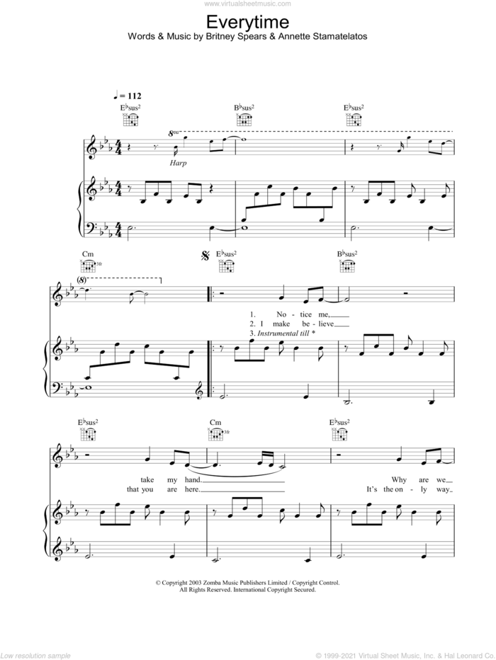 Everytime sheet music for voice, piano or guitar by Britney Spears, intermediate skill level