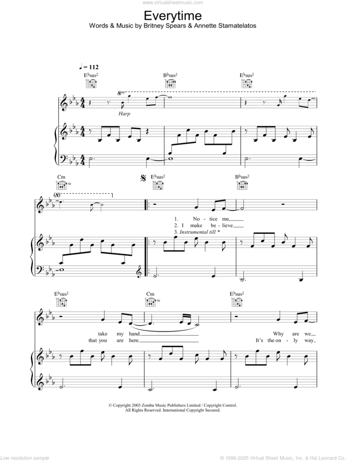 Britney Spears: Everytime sheet music for voice, piano or guitar