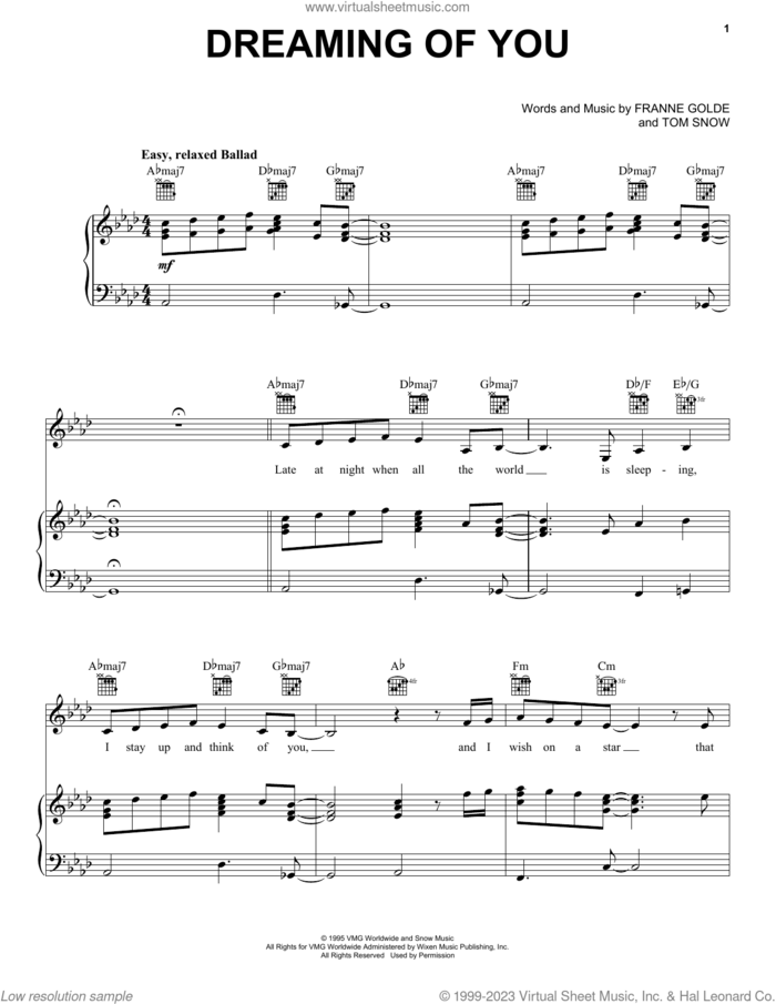 Dreaming Of You sheet music for voice, piano or guitar by Selena, Franne Golde and Tom Snow, intermediate skill level
