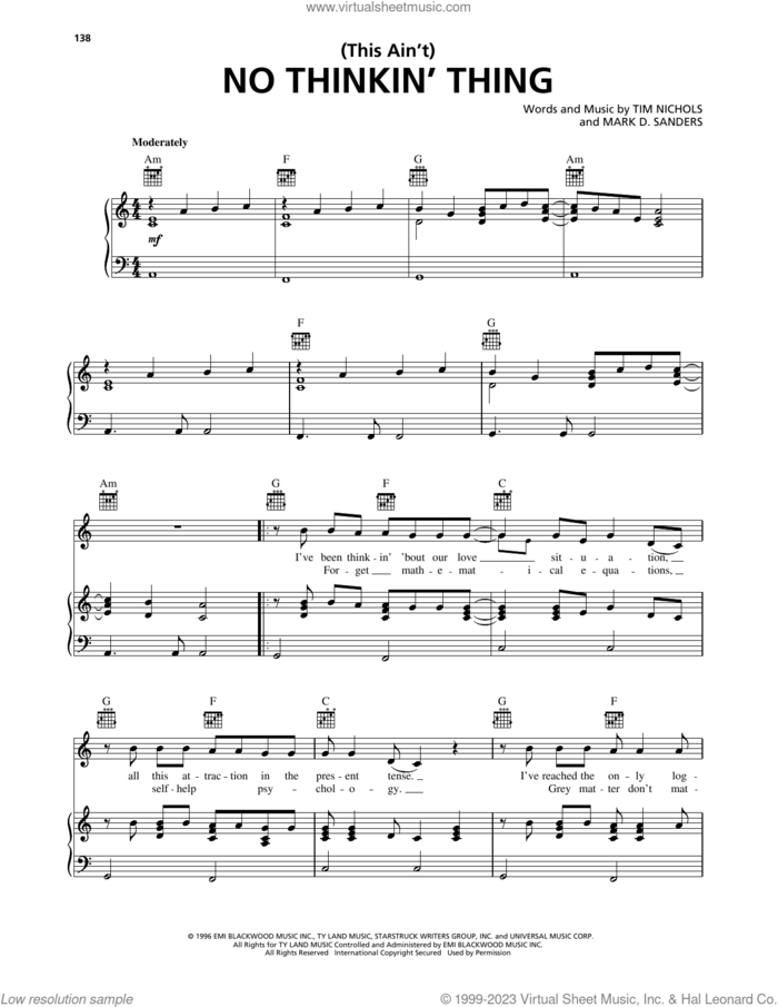 (This Ain't) No Thinkin' Thing sheet music for voice, piano or guitar by Trace Adkins, Mark D. Sanders and Tim Nichols, intermediate skill level