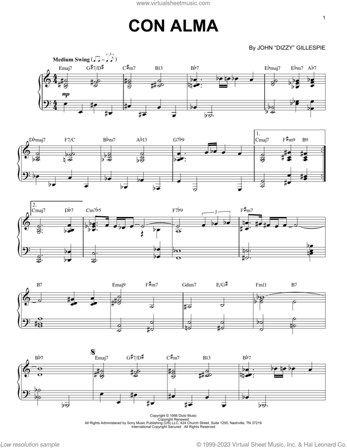 Con Alma (arr. Brent Edstrom and Jim Sodke) sheet music for piano solo by Dizzy Gillespie, Brent Edstrom and Jim Sodke, intermediate skill level
