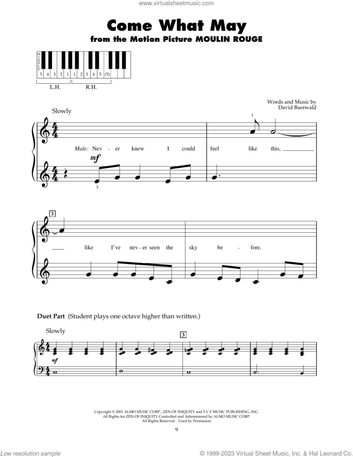 Come What May (from Moulin Rouge) sheet music for piano solo (5-fingers) by Nicole Kidman and Ewan McGregor, David Baerwald and Kevin Gilbert, beginner piano (5-fingers)